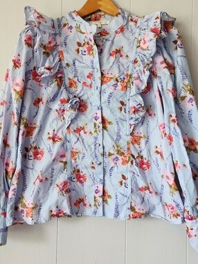 LoveShackFancy Blouse Small Blue Floral Ruffle Cotton Top Cottagecore Romantic S
